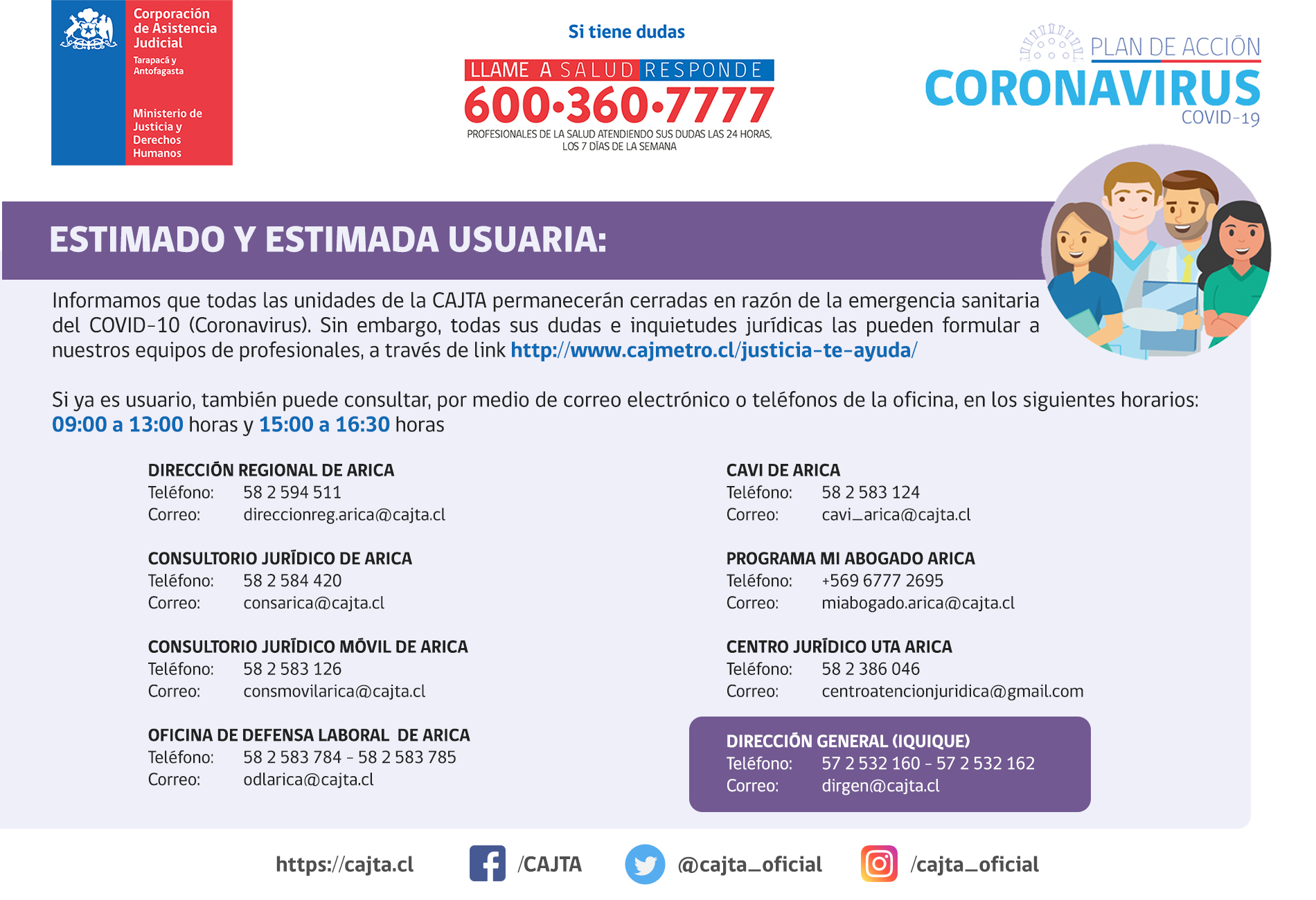 Información para nuestros usuarios y usuarias de la Región de Arica y Parinacota