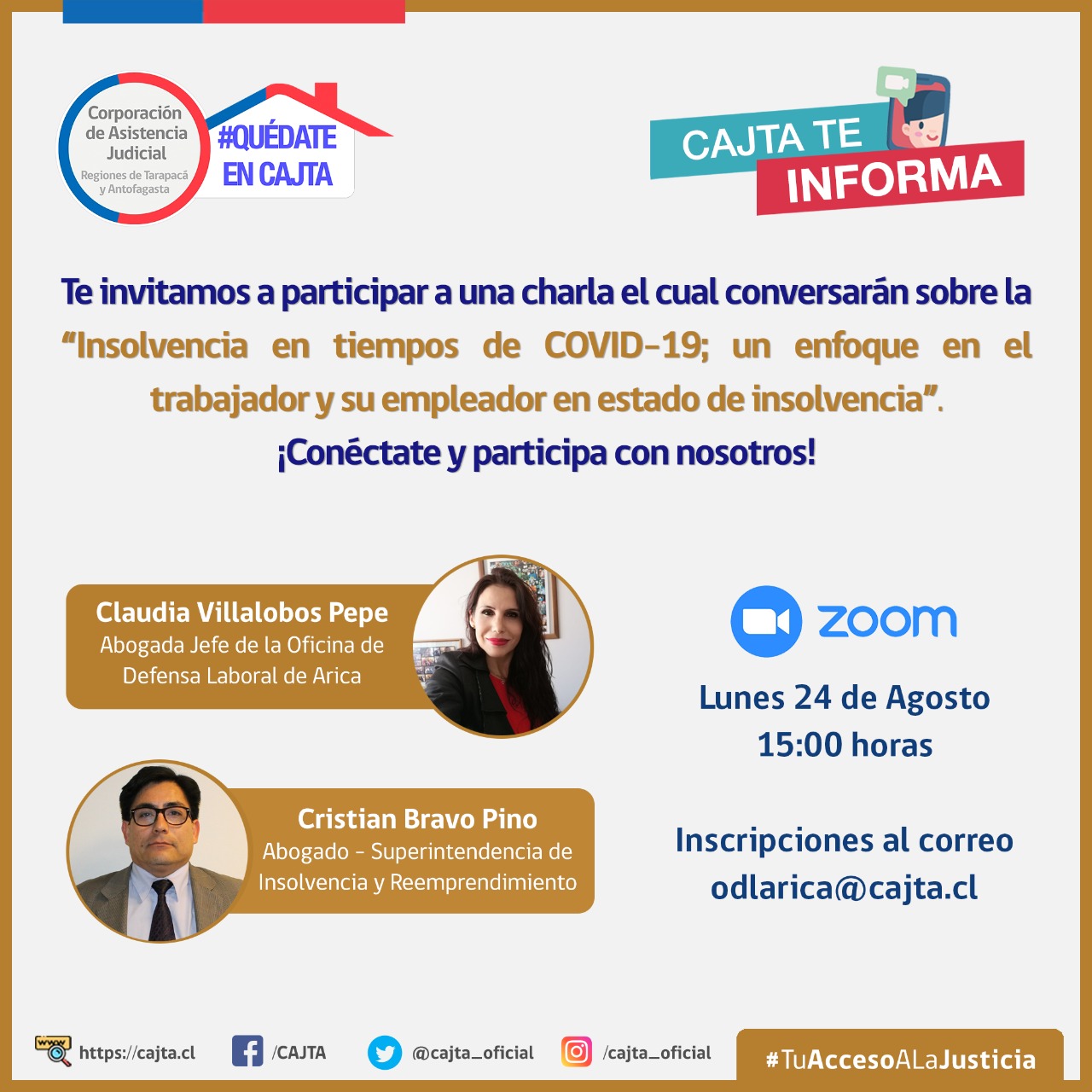 La Oficina de Defensa Laboral de Arica y Parinacota invita a una charla sobre Insolvencia en tiempos del COVID-19