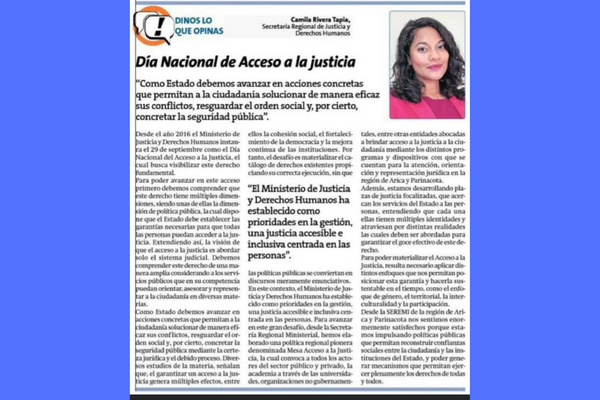 columna sobre en diario La Estrella de Arica de la Seremi de Justicia y DDHH de Arica y Parinacota