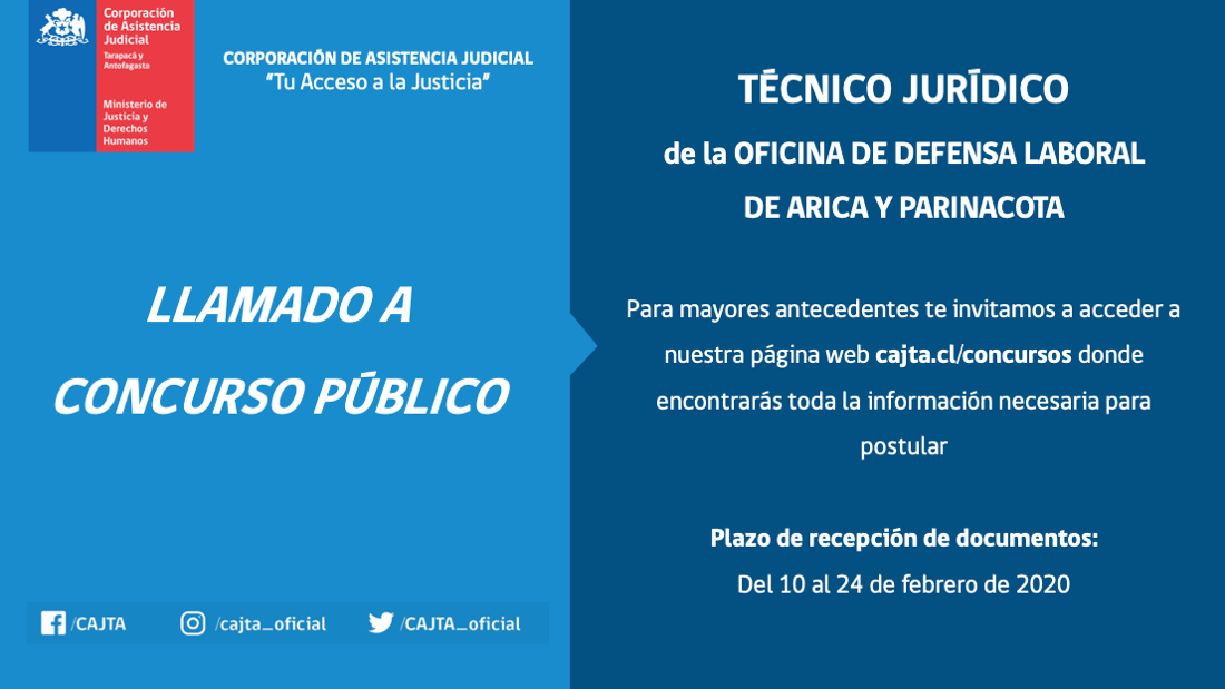 Llamado a Concurso Público, Técnico JurÃdico de la Oficina de Defensa Laboral de Arica y Parinacota